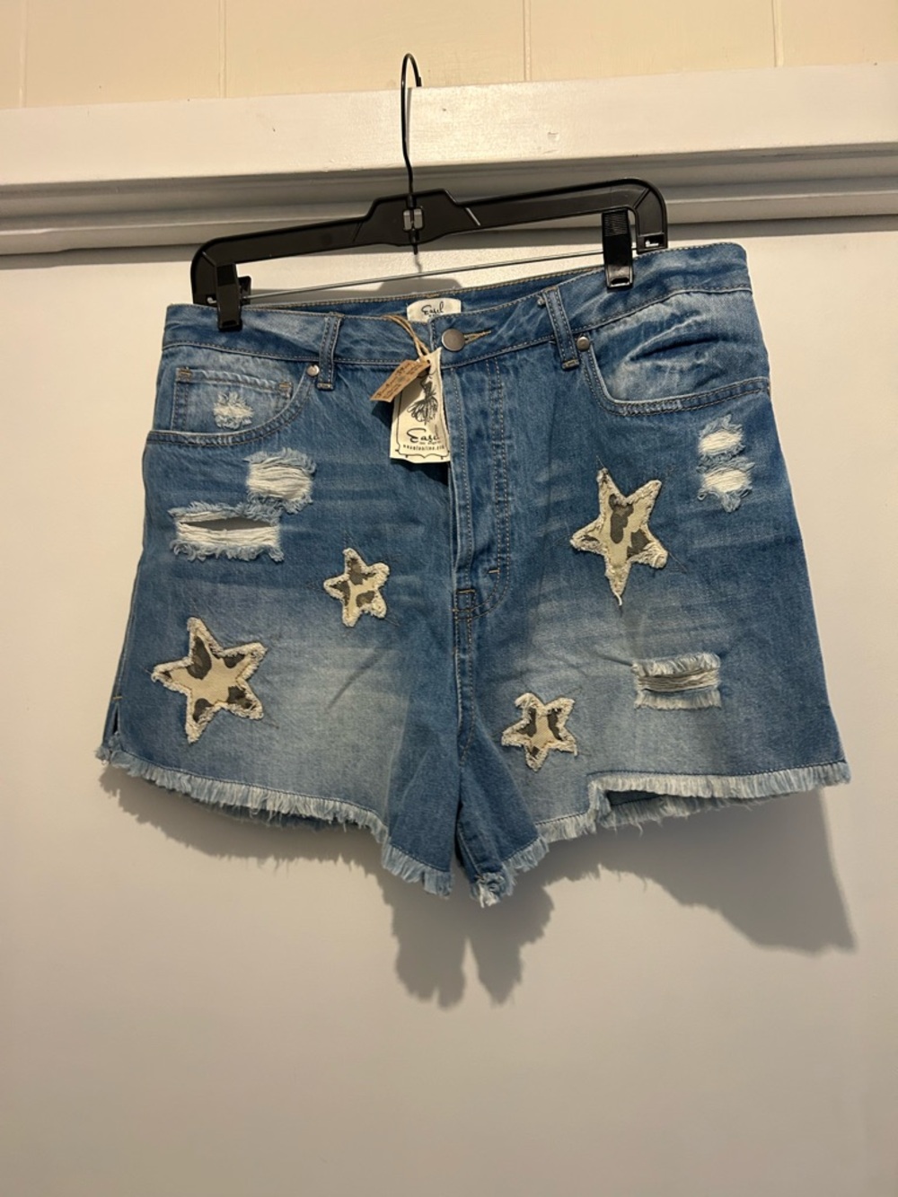 easel Blue Distressed Denim Shorts with Leopard Star Appliqués
